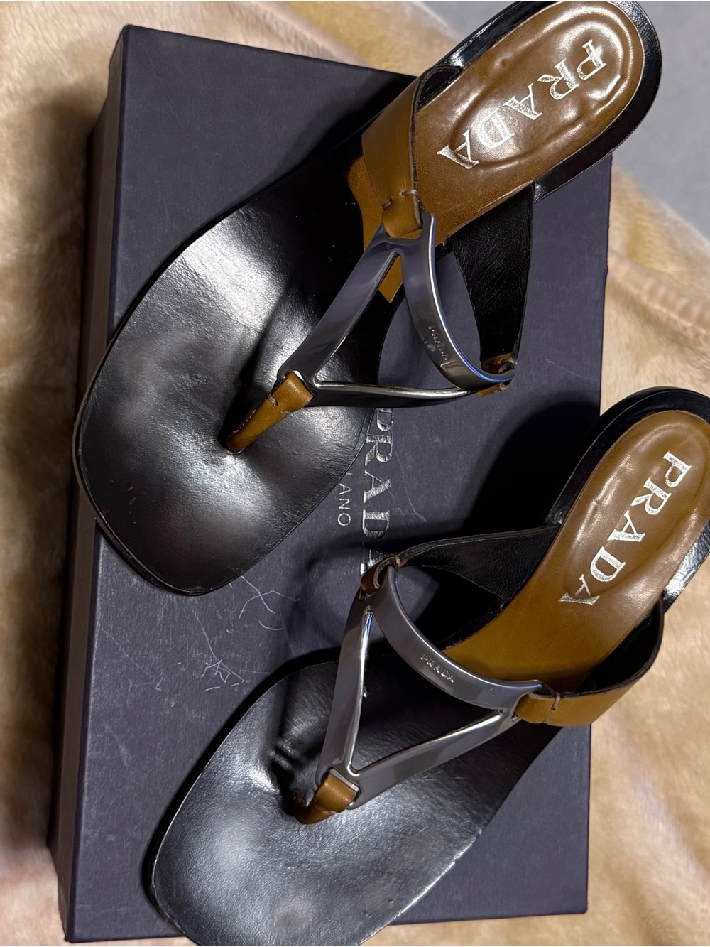 Prada Black and Brown Leather Slingback Thong Sandals